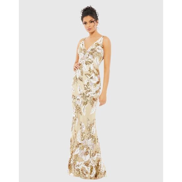 Mac Duggal 5476 Floral Embellished Sequined Gown in Nude Size 4 NWT - Picture 1 of 9